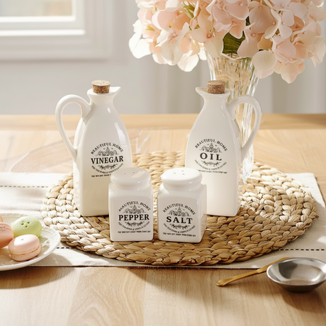 4-in-1 Beautiful Home Ceramic Cruet Set White Farmhouse Oil Vinegar Salt Pepper Kitchen & Dining Condiment Dispensers