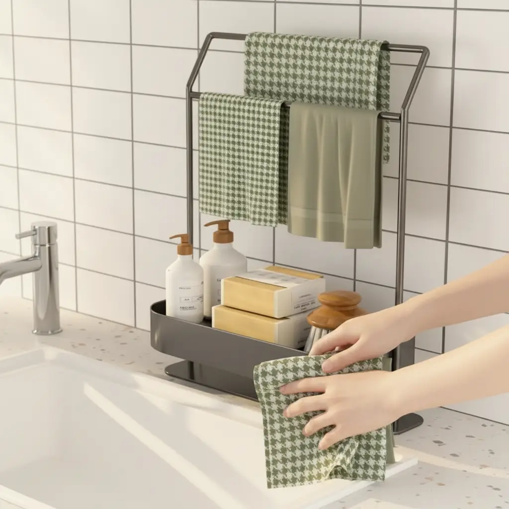 Sink Caddy - Carbon Steel with Double Towel Bars and Storage Tray White Grey Home & Garden Sink Caddies