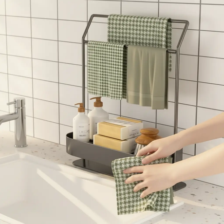 Sink Caddy - Carbon Steel with Double Towel Bars and Storage Tray White Grey Home & Garden Sink Caddies