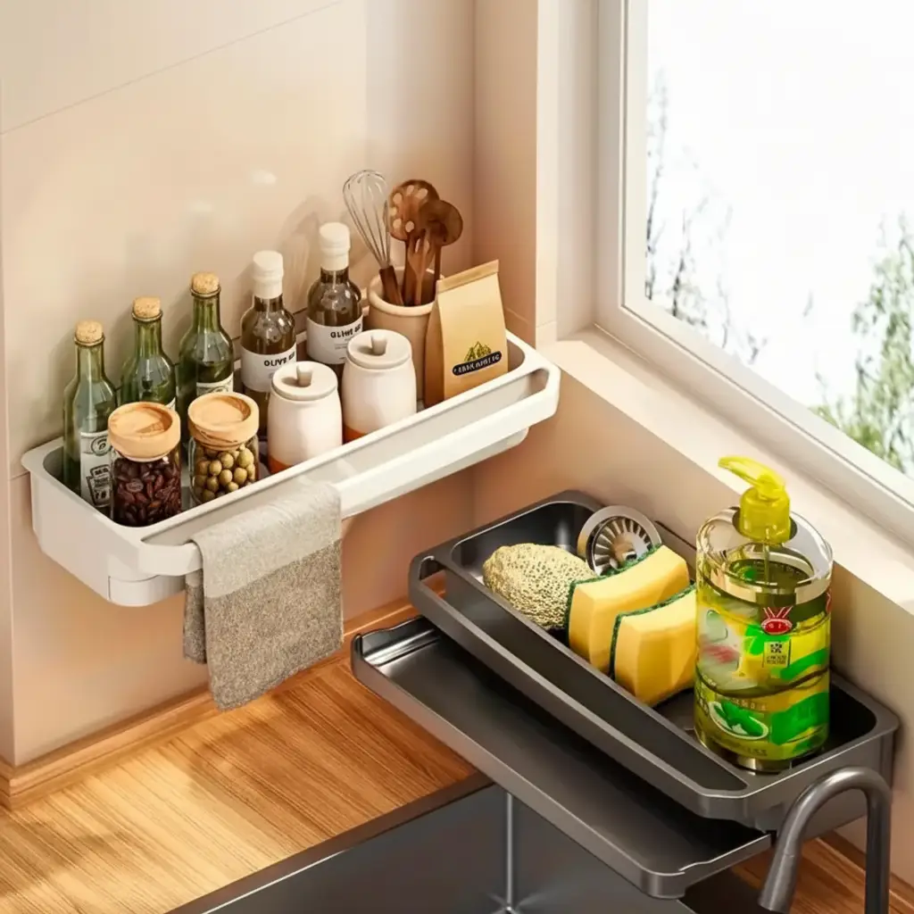Sink Caddy - Wall-Mounted No-Drill ABS with Drip Tray and Towel Bar Kitchen & Dining Sink Caddies