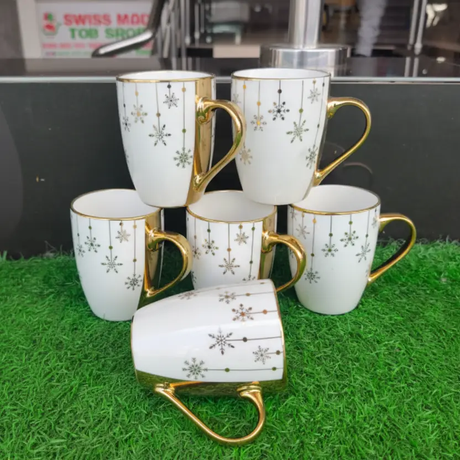 Mug Set - 6-Piece 370ml Ceramic Snowflake Print Gold Handle and Rim White Kitchen & Dining Mugs