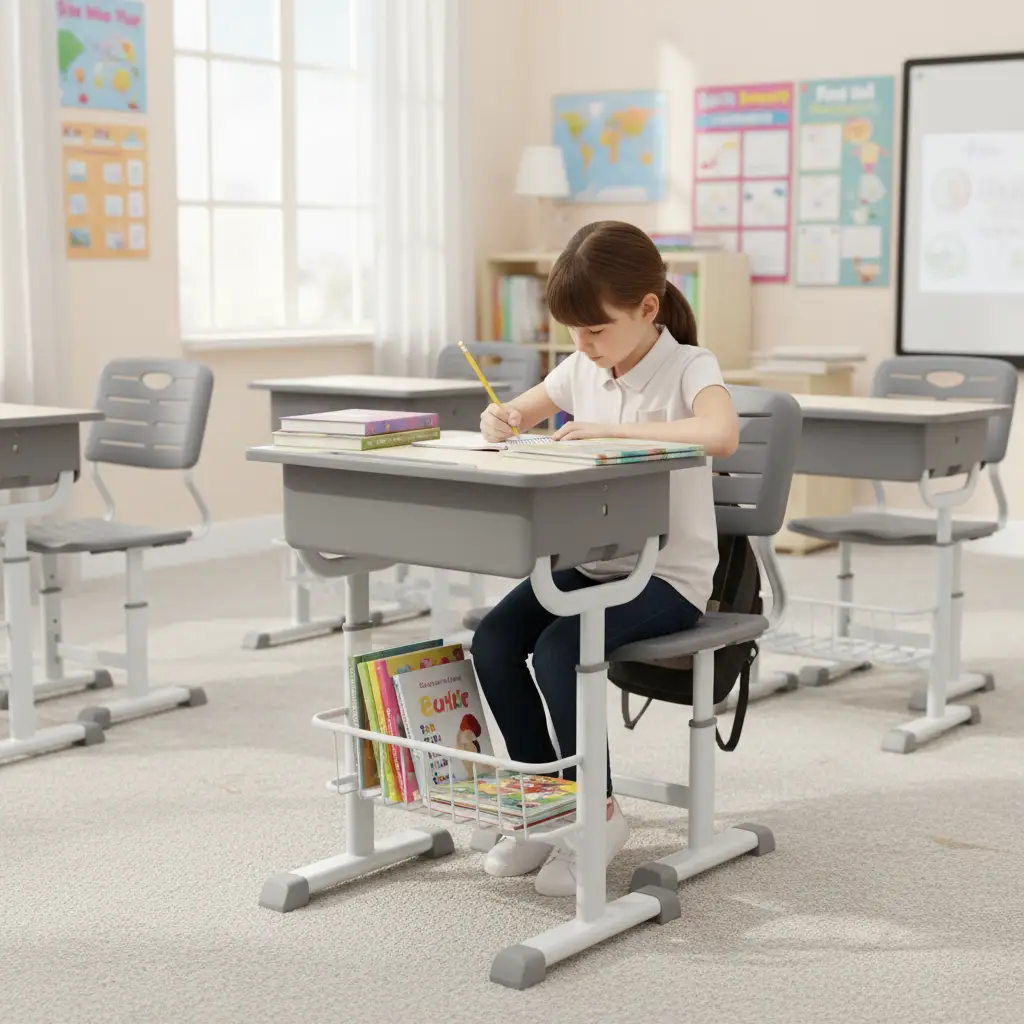 Student Desk and Chair Set - Height Adjustable with Under-Desk Shelf and Book Slot Grey Furniture Desks
