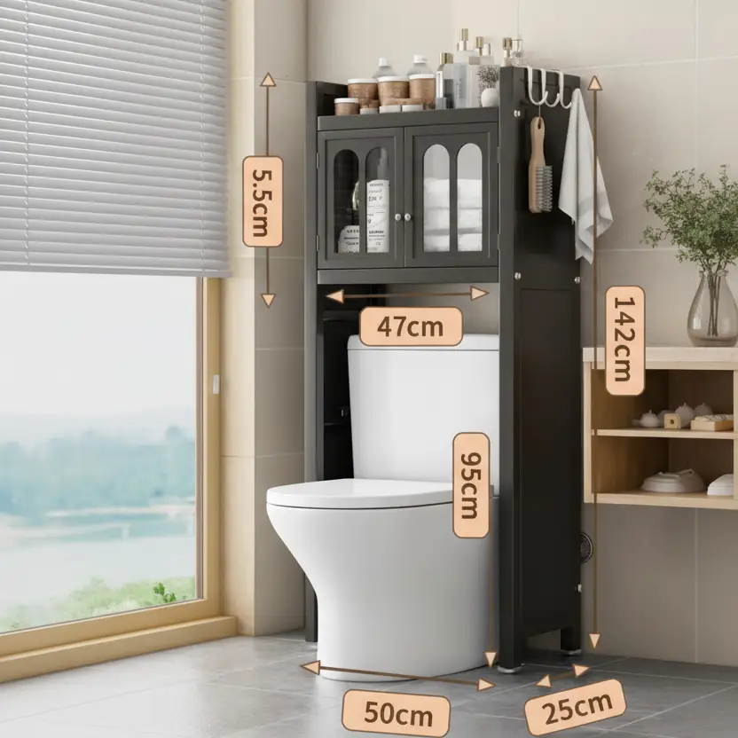 Bathroom Cabinet - Over Toilet 142x50x25cm Dust-Proof Locker Glass Door Shelf with Hooks Dark Brown Home & Garden Bathroom Cabinets