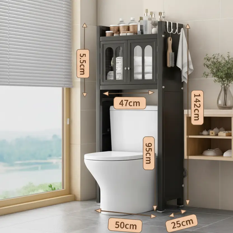 Bathroom Cabinet - Over Toilet 142x50x25cm Dust-Proof Locker Glass Door Shelf with Hooks Dark Brown Home & Garden Bathroom Cabinets