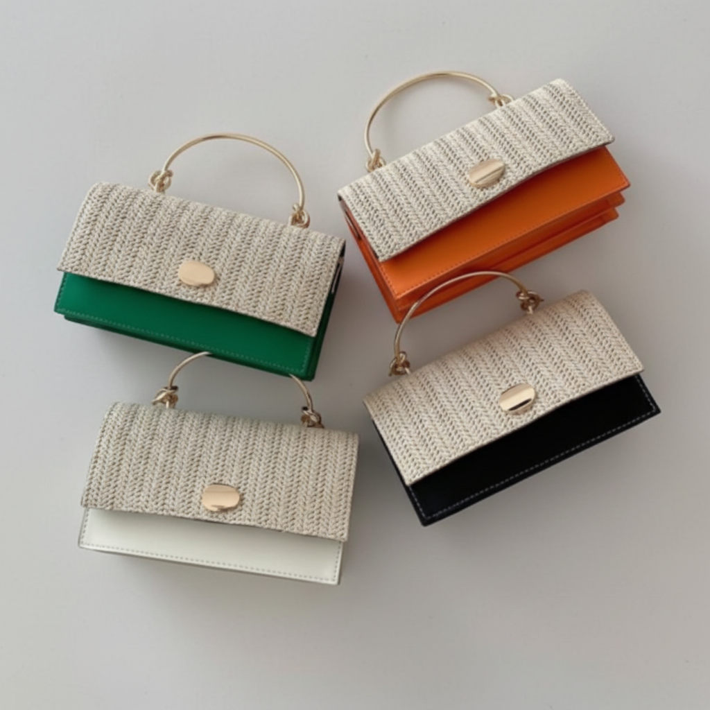 Straw Plaited Crossbody Bag Two-Tone Woven Texture Chain Strap 20x7x12cm