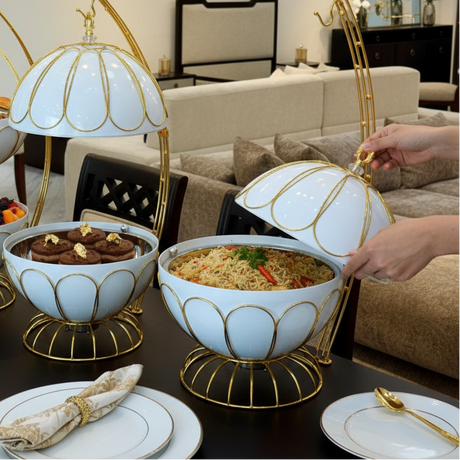 Chafing Dish - 8L Luxury Egg Shape Gold White Hanging Buffet Food Warmer with Dome Lid Kitchen & Dining Chafing Dishes
