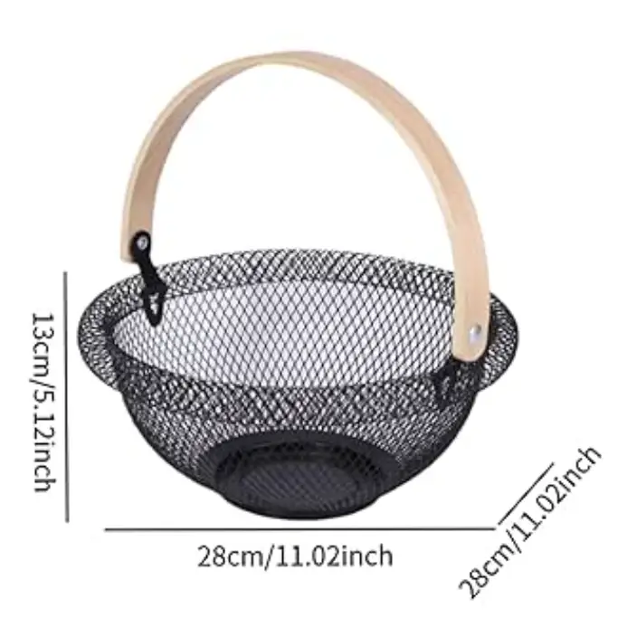 Fruit Basket - Round Wire Mesh with Bamboo Handle Kitchen & Dining Household Storage Baskets