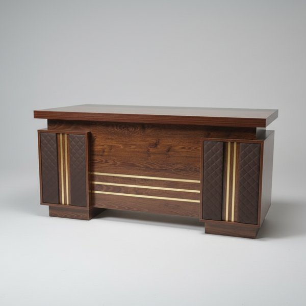 Executive Desk - 1.4m Brown Wood with Gold Accent Stripes