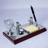 Desk Organizer - Executive Mahogany Chrome 4-in-1 Set with Crystal Globe Clock Pen Holder and Note Tray Home & Garden Desktop Organizers