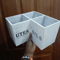 Utensil Holder - 4-Slot Rustic White Wooden UTENSILS Caddy Farmhouse Kitchen & Dining Kitchen Utensil Holders