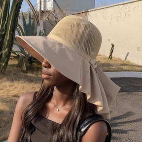 Sun Hat - Women's Wide Brim Straw with Chiffon Shawl Bow Beige Fashion Accessories Sun Hats