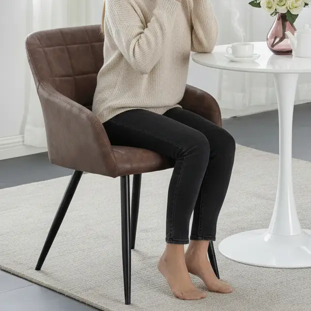 Dining Chair - Grid Stitch Microfibre Armchair with Padded Arms and Black Metal Legs Brown Furniture Kitchen & Dining Room Chairs