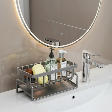 Grey Carbon Steel Sink Caddy Towel Bar Sponge Brush Holder Kitchen Bathroom Countertop Home & Garden Sink Caddies