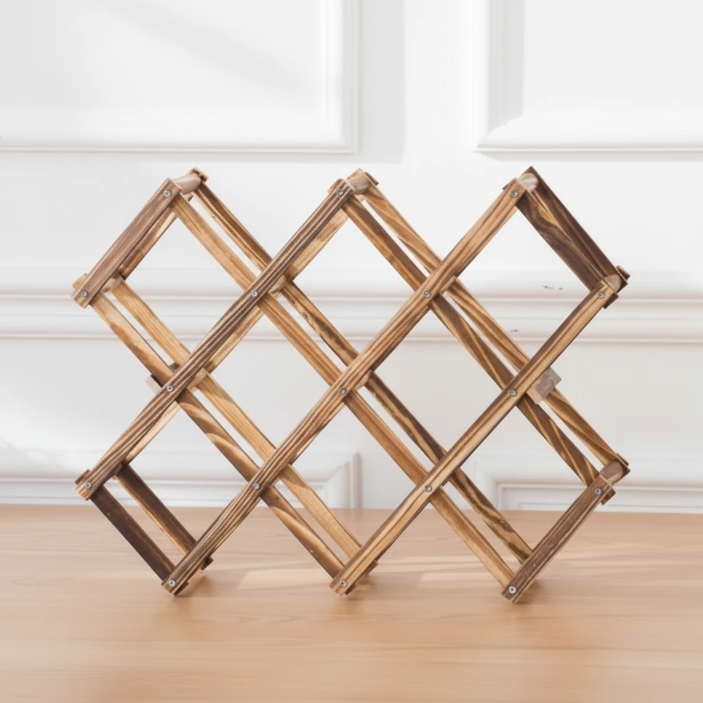 Foldable 10-Bottle Wood Wine Rack Rustic Burnt Pine Diamond Lattice Kitchen & Dining Wine Racks