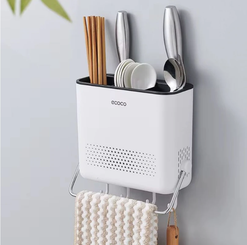 Wall-Mounted Cutlery Drainer with Towel Bar and Hooks ECOCO White Kitchen & Dining Kitchen Utensil Holders & Racks
