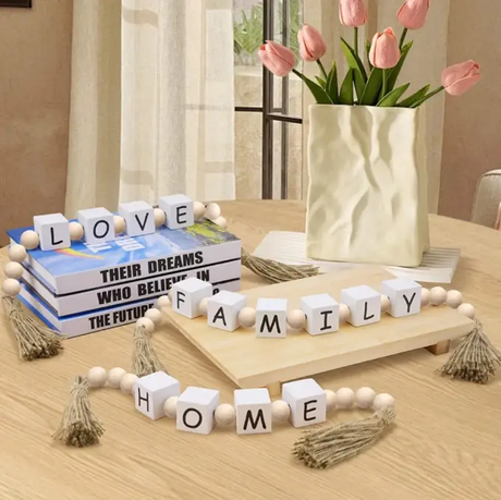 Bead Garland - Wooden Letter Blocks with Tassels Farmhouse Decor Home & Garden Garlands