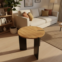 Side Table - Nordic Round Natural Oak Top with Black Panel Legs Furniture End Tables