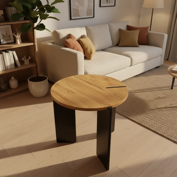 Side Table - Nordic Round Natural Oak Top with Black Panel Legs Furniture End Tables