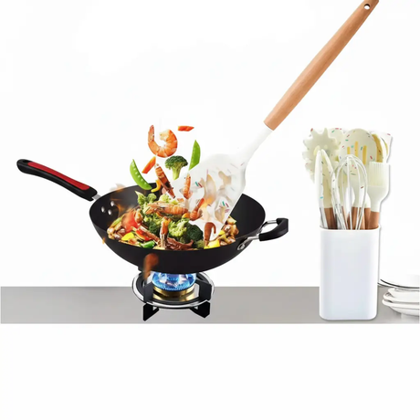 Silicone Utensil Set - White Marble Confetti with Wooden Handles Kitchen & Dining Kitchen Utensil Sets