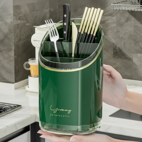 Luxury Acrylic Cutlery Holder with Gold Trim Multi-Compartment Kitchen & Dining Kitchen Utensil Holders
