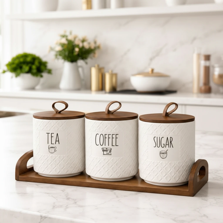 Luxury 4-Piece Ceramic Canister Set Tea Coffee Sugar 500ml Bamboo Lids Wooden Tray Design A Kitchen & Dining Food Storage Containers