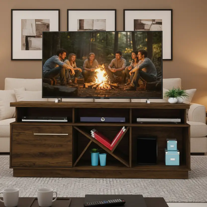 TV Stand - Walnut with Frame Shelf Drawer and Open Compartments Furniture Entertainment Centers & TV Stands