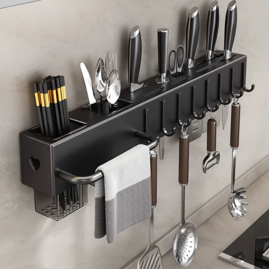 50cm Wall Mounted Carbon Steel Kitchen Utensil Holder Rack Knife Block Towel Bar 8 Hooks Gun Grey Black Kitchen & Dining Kitchen Utensil Holders & Racks