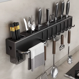 50cm Wall Mounted Carbon Steel Kitchen Utensil Holder Rack Knife Block Towel Bar 8 Hooks Gun Grey Black Kitchen & Dining Kitchen Utensil Holders & Racks