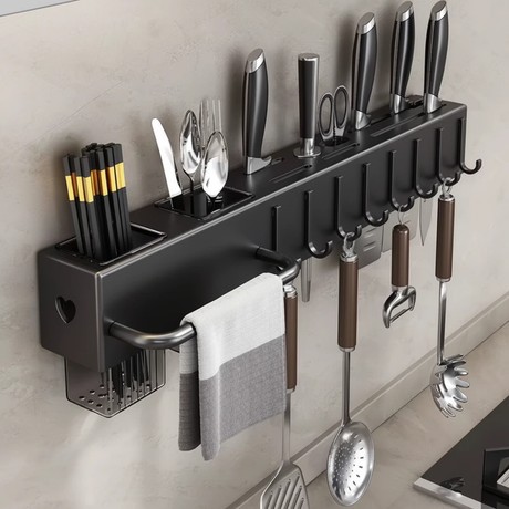 50cm Wall Mounted Carbon Steel Kitchen Utensil Holder Rack Knife Block Towel Bar 8 Hooks Gun Grey Black Kitchen & Dining Kitchen Utensil Holders & Racks