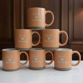 6-Piece Ceramic Mug Set Peach Good Morning with White Interior Kitchen & Dining Mugs