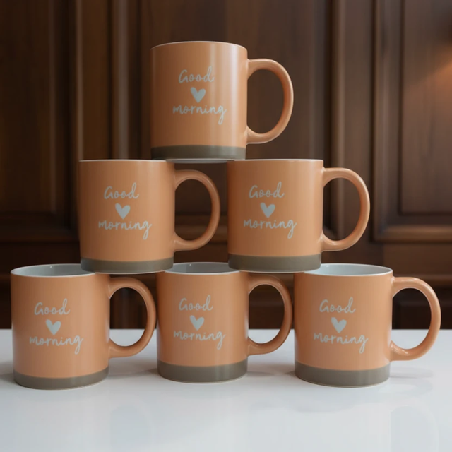 6-Piece Ceramic Mug Set Peach Good Morning with White Interior Kitchen & Dining Mugs