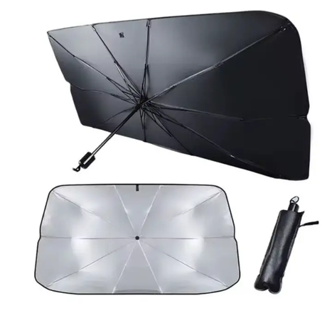 Foldable Car Windscreen Sun Shade Umbrella UV Block Silver Reflective 10-Rib Compact Carry Sleeve Automotive Sun Shades