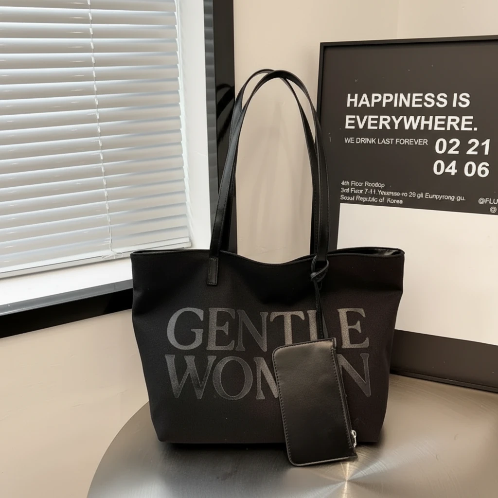 Gentlewoman 2-in-1 Canvas Tote Bag with Matching Mini Zip Pouch Bold Serif Print Black Khaki Bags & Accessories Tote Bags