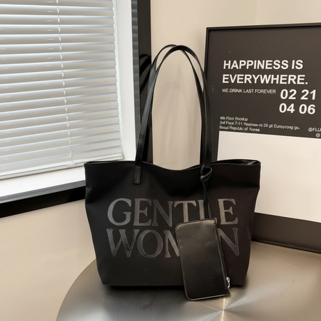 Gentlewoman 2-in-1 Canvas Tote Bag with Matching Mini Zip Pouch Bold Serif Print Black Khaki Bags & Accessories Tote Bags