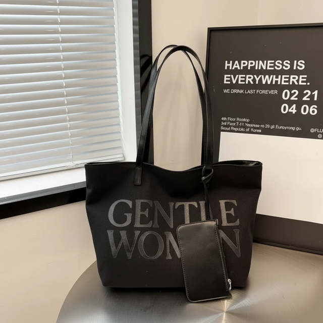 Gentlewoman 2-in-1 Canvas Tote Bag with Matching Mini Zip Pouch Bold Serif Print Black Khaki Bags & Accessories Tote Bags