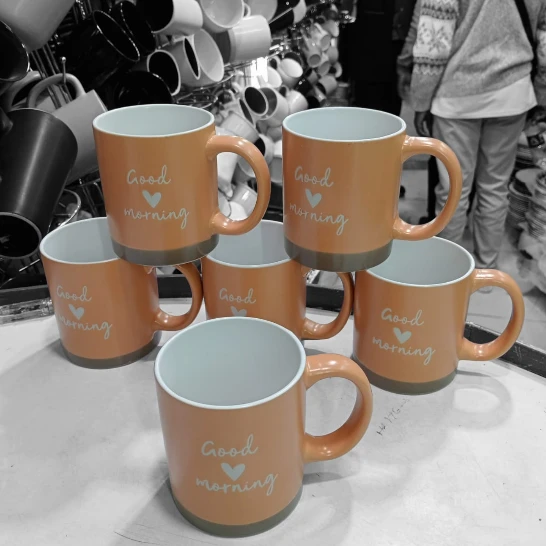 6-Piece Ceramic Mug Set Peach Good Morning with White Interior Kitchen & Dining Mugs