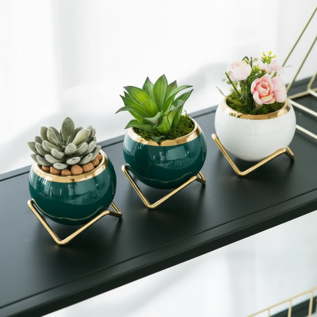 Nordic Ceramic Gold Rim Succulent Pot with Gold Stand White Green 8x7cm Home & Garden Planters