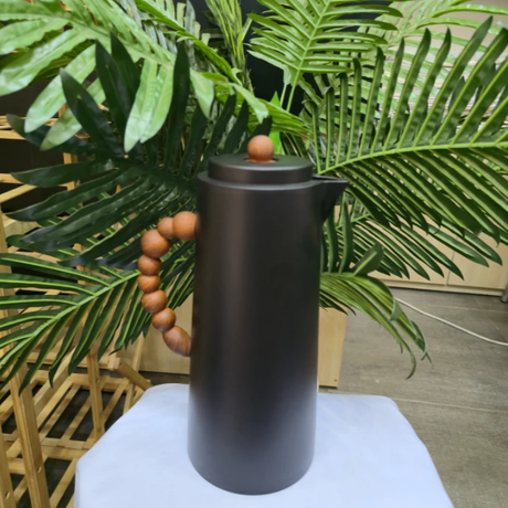 Elegant Vacuum Flask Wooden Beaded Handle 1L Matte Black Stainless Steel Kitchen & Dining Thermoses