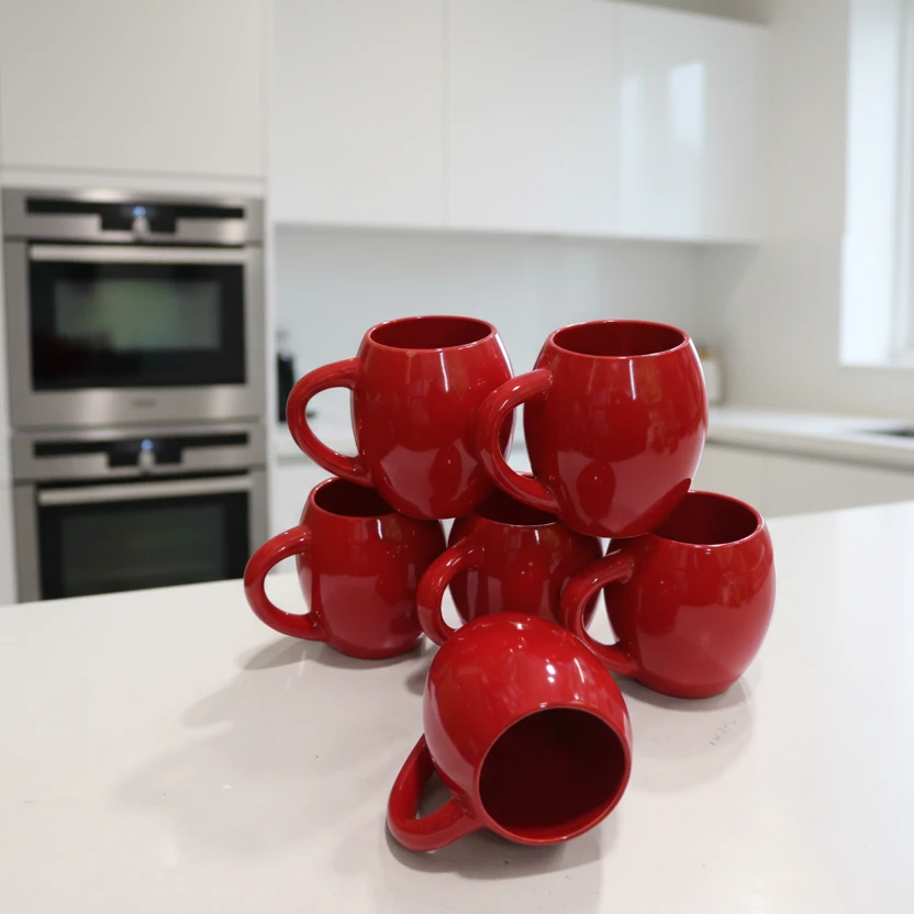 6-Piece Ceramic Mug Set Red Round Belly Coffee Mugs Glossy Kitchen & Dining Mugs