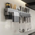 50cm Wall Mounted Carbon Steel Kitchen Utensil Holder Rack Knife Block Towel Bar 8 Hooks Gun Grey Black Kitchen & Dining Kitchen Utensil Holders & Racks