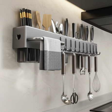 50cm Wall Mounted Carbon Steel Kitchen Utensil Holder Rack Knife Block Towel Bar 8 Hooks Gun Grey Black Kitchen & Dining Kitchen Utensil Holders & Racks