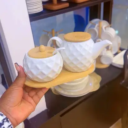 Tea Set - 3-Piece Diamond Textured Ceramic Teapot 500ml Sugar Bowl 300ml with Bamboo Lids and Tray White Kitchen & Dining Tea Sets