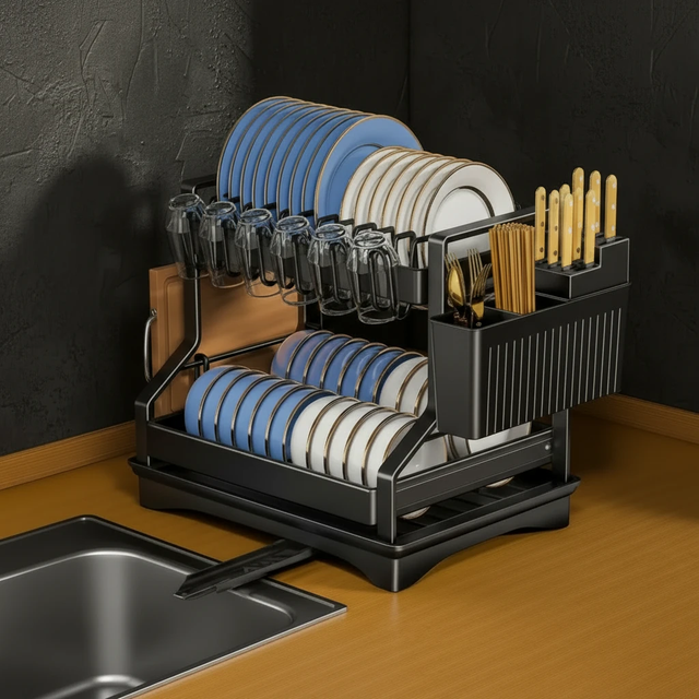 2-Tier Kitchen Dish Drainer Rack 42x32.5x34cm Aluminium Matte Black Plate Bowl Cup Utensil Caddy Drip Tray Kitchen & Dining Dish Racks
