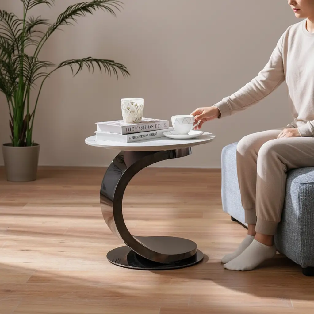 Side Table - Round Marble Top with Dark Bronze S-Curve C-Frame Base Furniture End Tables