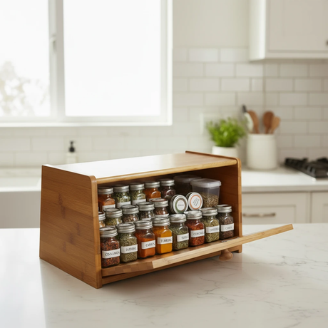 Bamboo Wooden Bread Bin with Magnetic Flap Lock and Spice Storage Countertop Kitchen Organizer Kitchen & Dining Bread Boxes & Bags