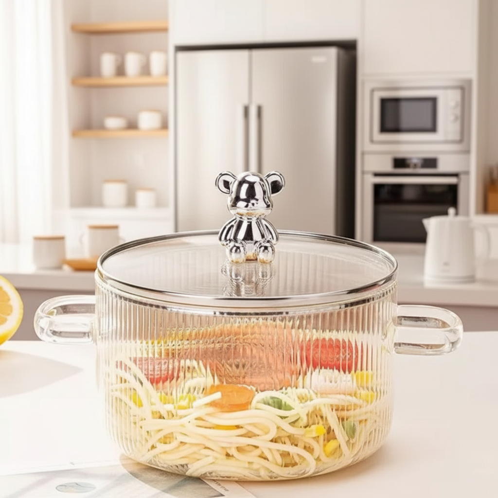 2L Borosilicate Glass Pot with Bear Lid and Dual Handles