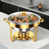 Round Stainless Steel Chafing Dish 5L with Gold Accents and Glass Lid Kitchen & Dining Chafing Dishes