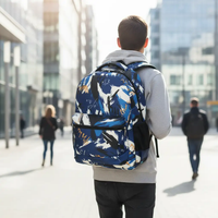 School Bag - 31x45x20cm Geometric Floral Print Multi-Compartment Backpack Blue White Bags & Luggage School Backpacks