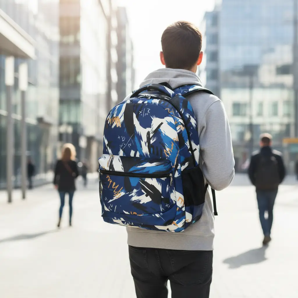 School Bag - 31x45x20cm Geometric Floral Print Multi-Compartment Backpack Blue White Bags & Luggage School Backpacks