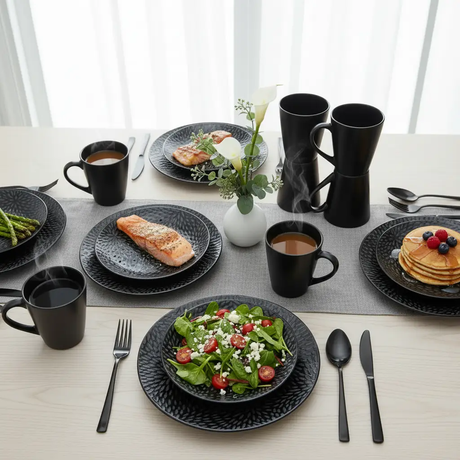 Dinner Set - 24pcs Black Embossed Floral Pattern Kitchen & Dining Dinnerware Sets